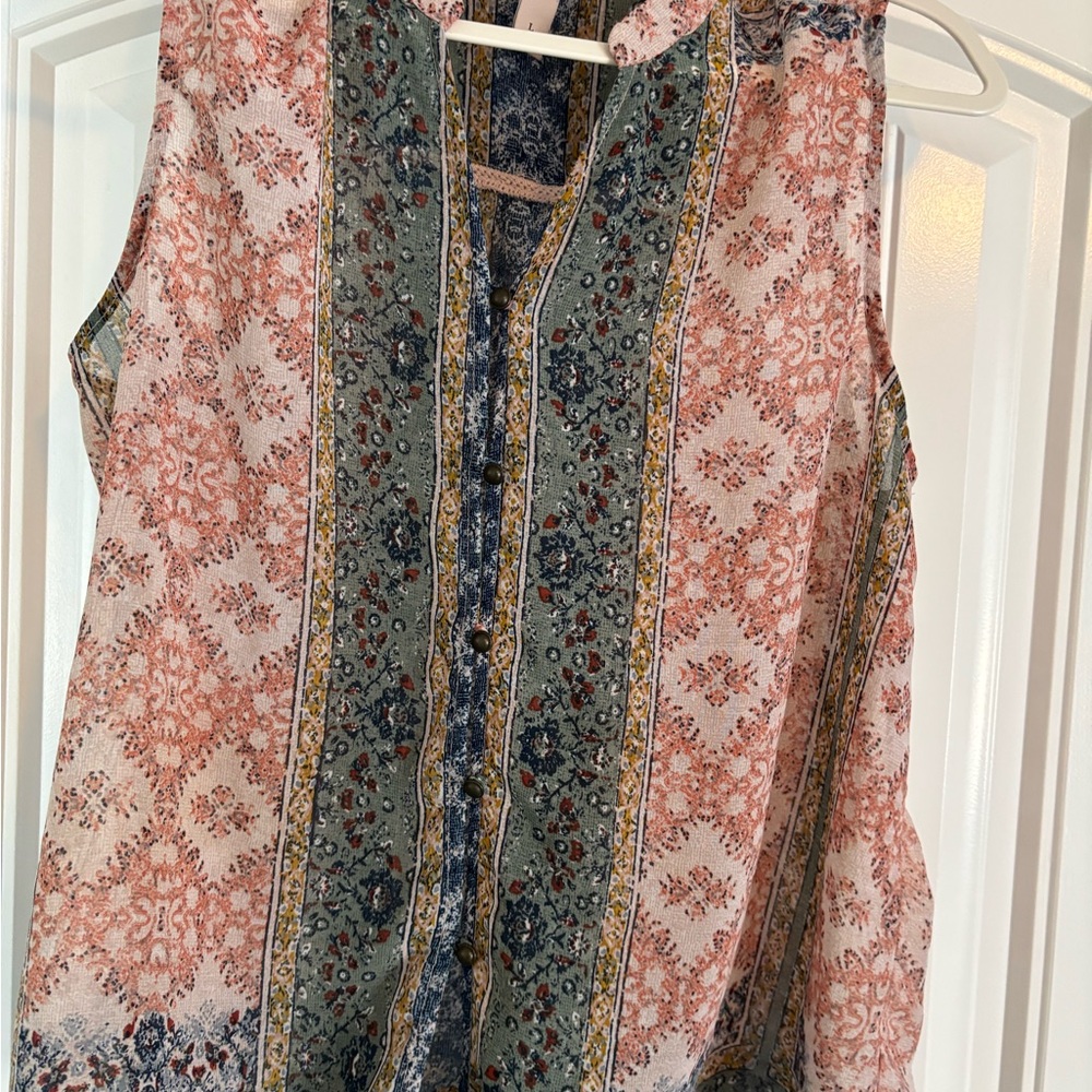 Knox Rose Sleeveless Mixed-Print Button Front Blouse in Pink, Green, Navy
